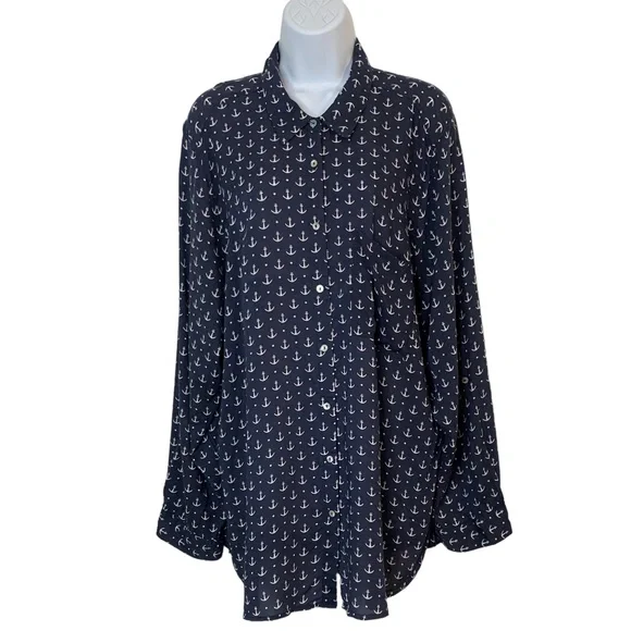 GRAND & GREENE Navy Long Sleeve Anchor Print Blouse Sz 1X - Picture 3 of 9